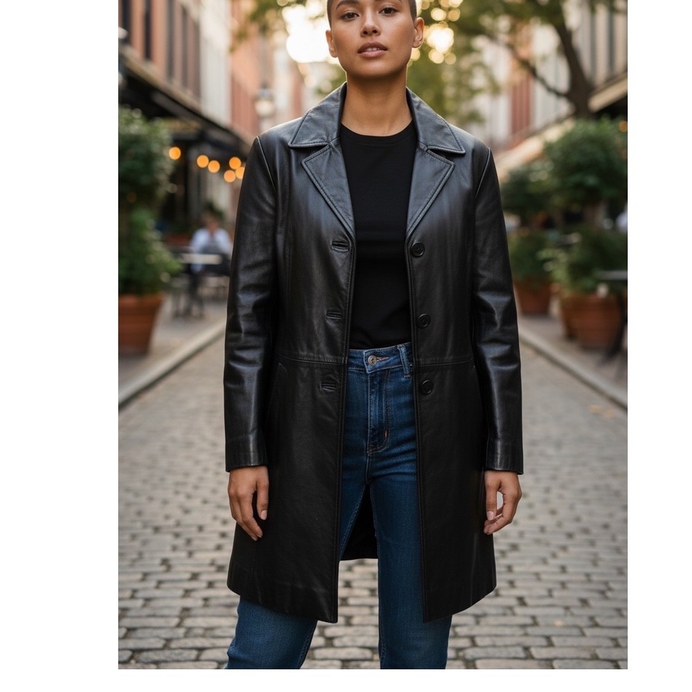 Ricardo Black Leather Car Coat XL Minimal Button Front Genuine‎ Leather